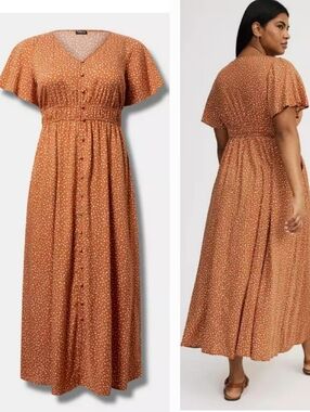 Torrid Challis button front aline maxi dress In Patience dots amber brown